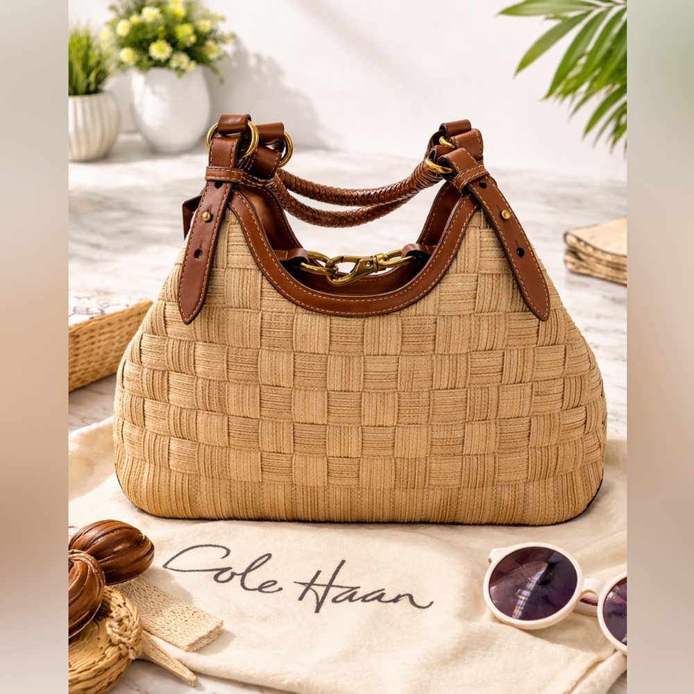 Cole Haan Woven Straw & Leather Shoulder Bag – Brand New With Tags 👜✨